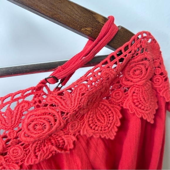 H&M Off-the-shoulder Peasant Blouse Viscose Lace Trim Bright Red Medium - Picture 12 of 12